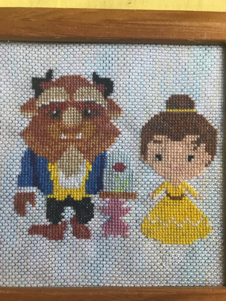 Image of Beauty and the beast and rose cross stitch picture