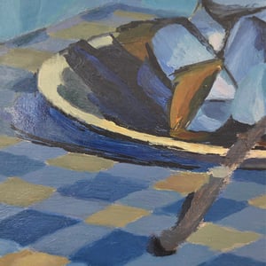 Image of 1957, French Oil on Board; Moules on a Checked Table Cloth Jacques Andre Duffour (1926-2016)