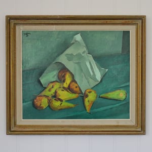 Image of 1950's, French, Oil on Board, Pears in a Paper Bag Jacques Andre Duffour (1926-2016)