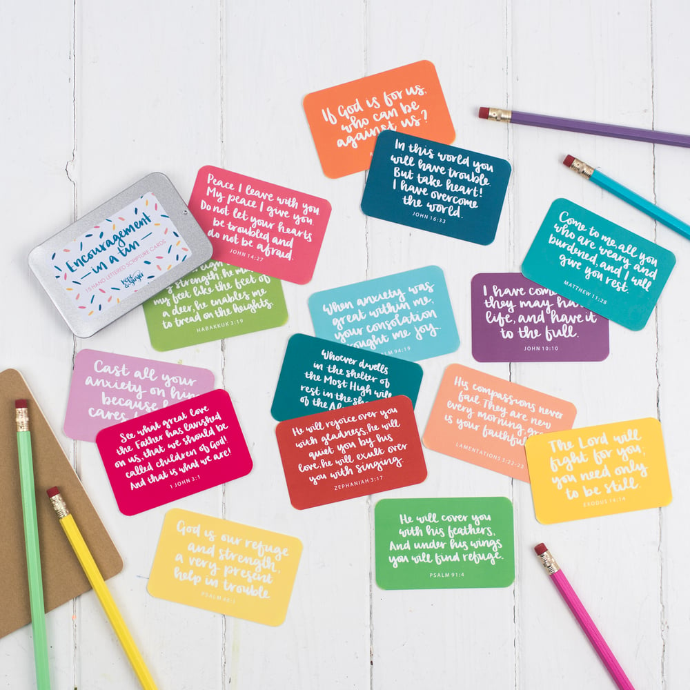 Image of Encouragement in a tin - 15 hand lettered scripture cards