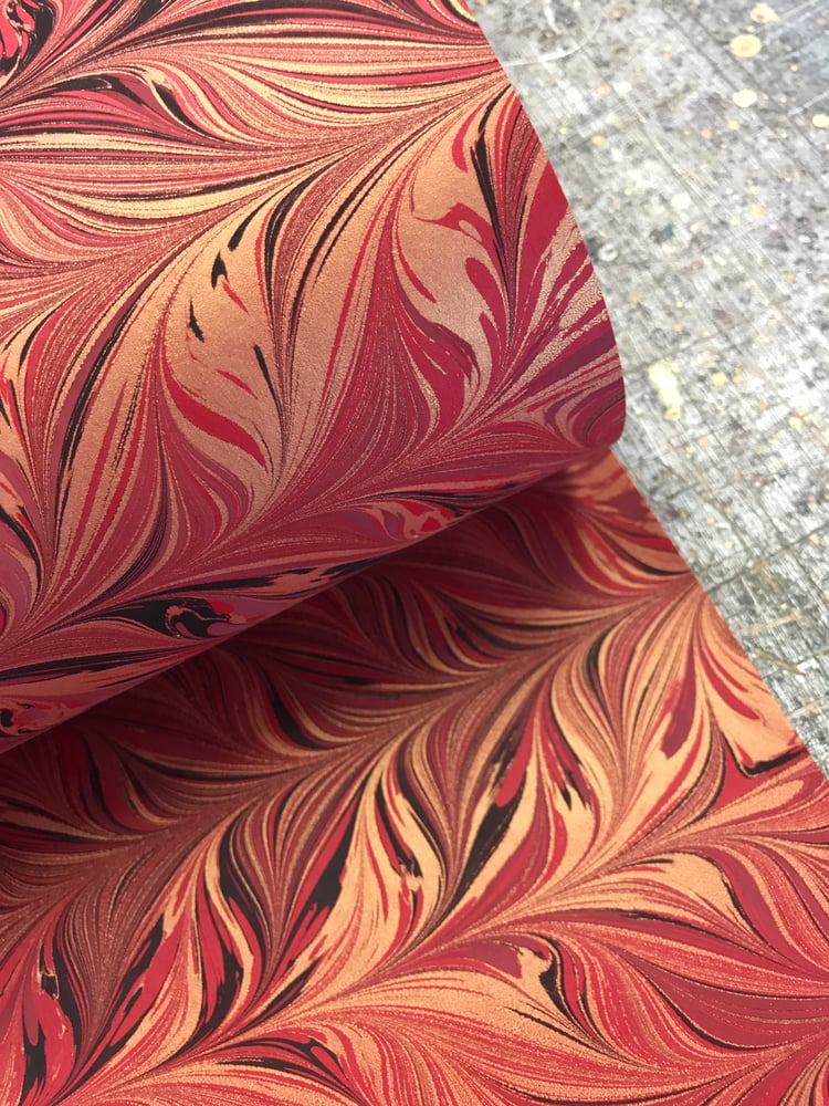 Image of Marbled Paper #25 'Red intricate combed design with metallic gold'