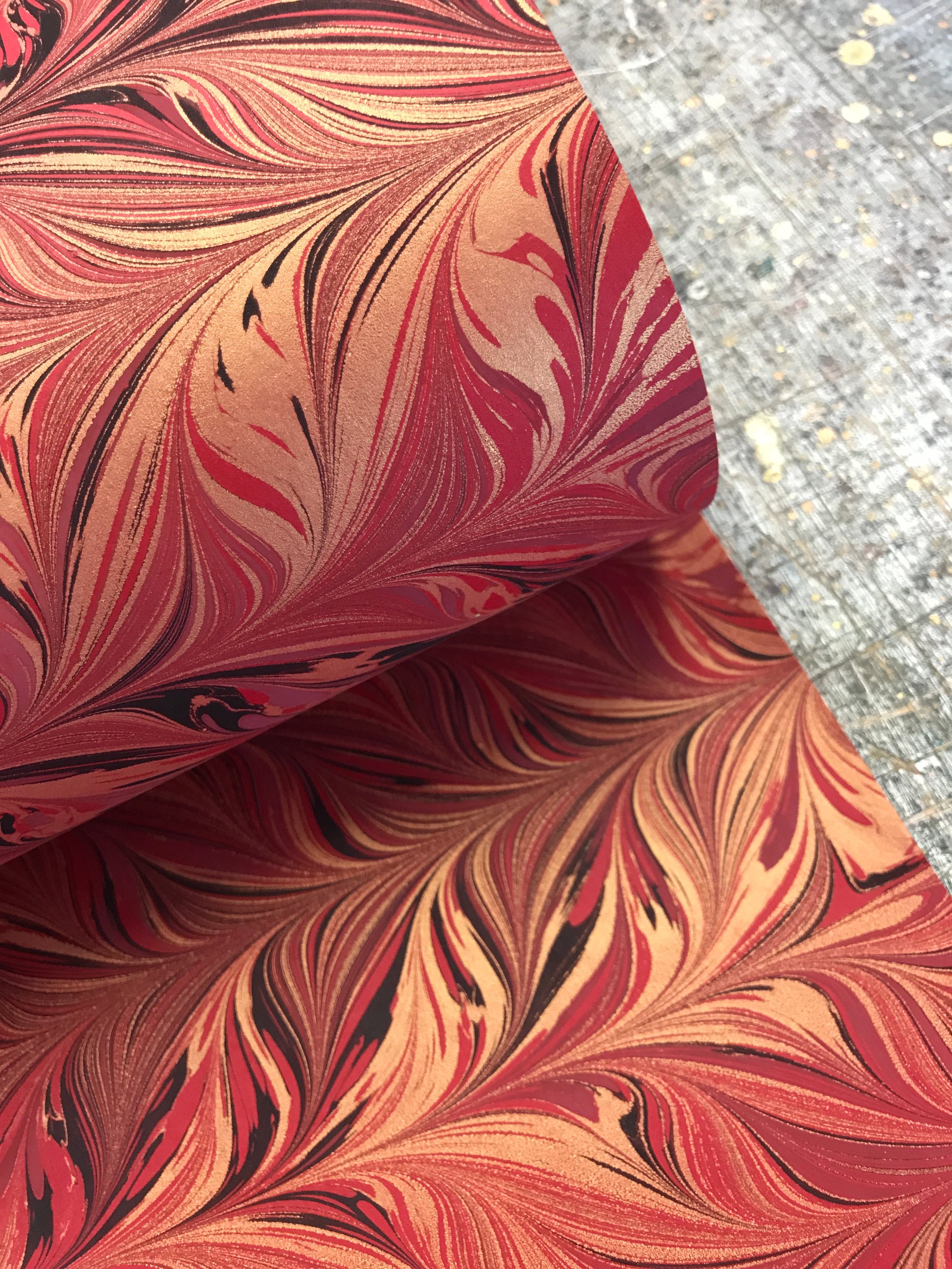 Marbled Paper #25 'Red intricate combed design with metallic gold ...
