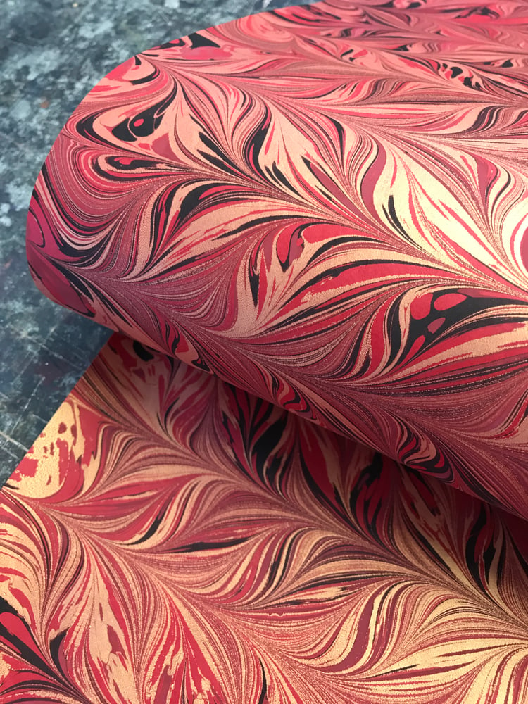 Image of Marbled Paper #25 'Red intricate combed design with metallic gold'