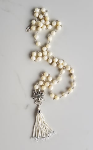 Vintage Rhinestone Mother of Pearl Tassel Necklace