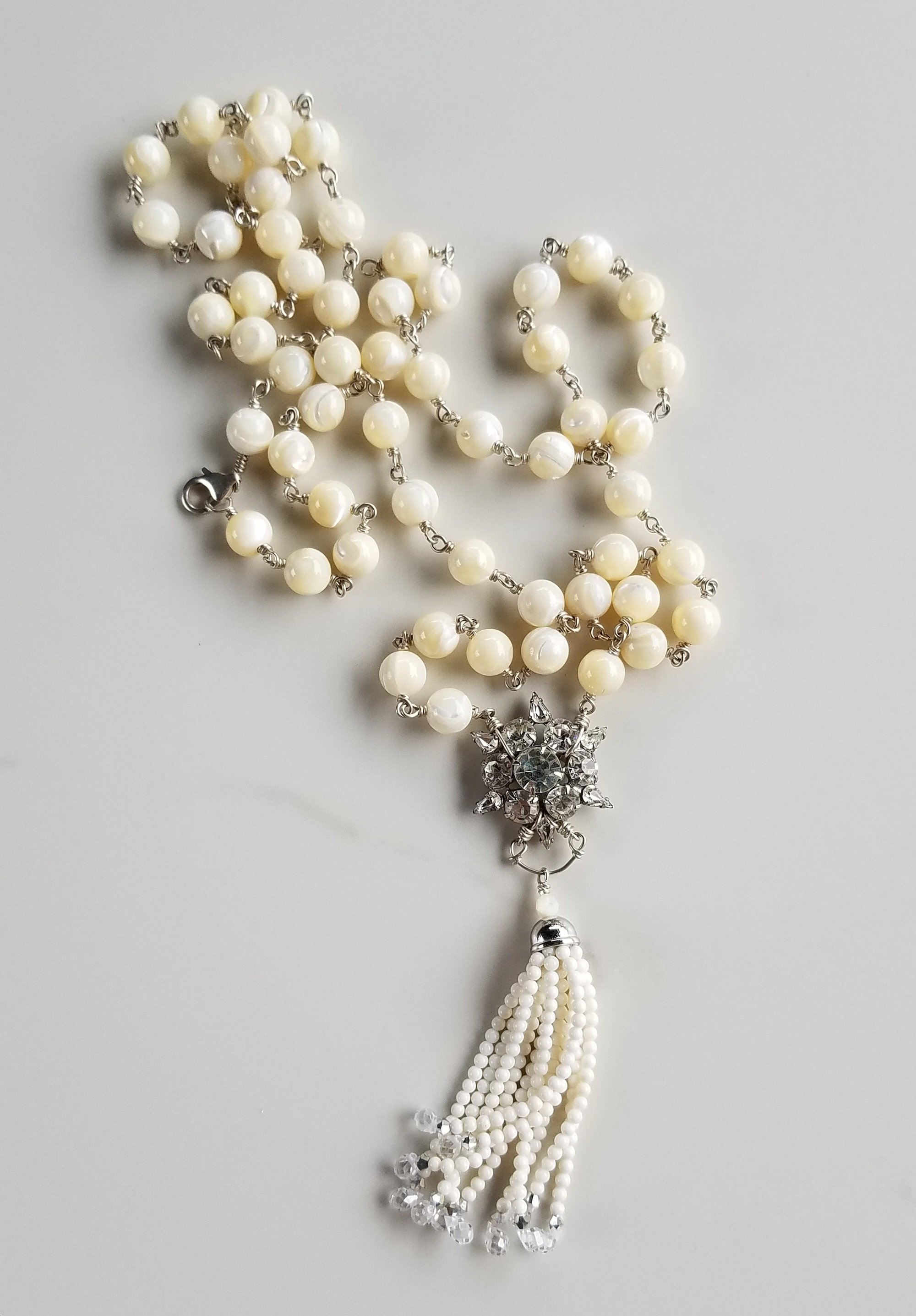 Vintage Rhinestone Mother Of Pearl Tassel Necklace Lola Florence Jewelry 