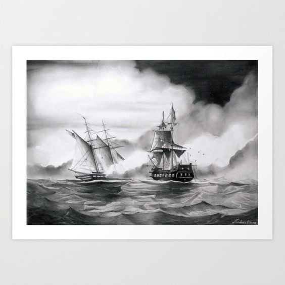 Image of Pirates Battle on the Sea Art Print from original Charcoal drawing