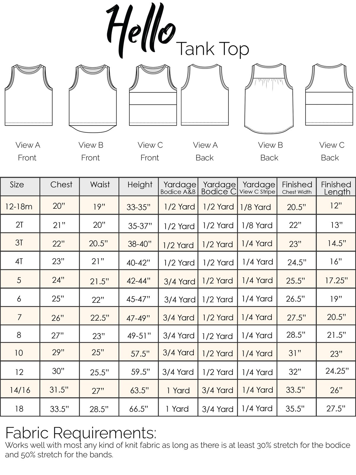 Knit Works Size Chart