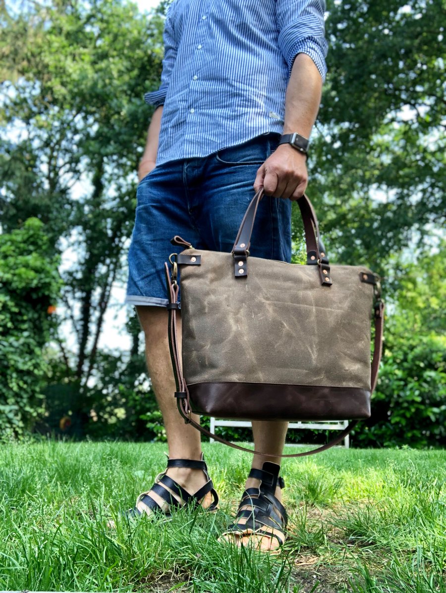 Image of Canvas leather carry all, with leather cross body strap