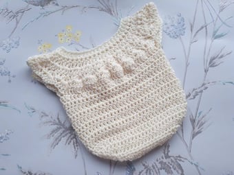 Image of Newborn Baby Girl Cream Crochet Romper, Onesie, Baby Photography Prop.