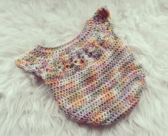 Image of Multi-coloured Newborn Baby Girl Crochet Romper. Photography Prop. Baby Wear.