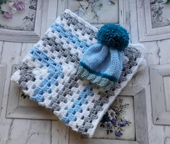 Image of Newborn Baby Boy Crochet Blanket & Knitted Pom Pom Hat, Baby Wear, Photography Prop