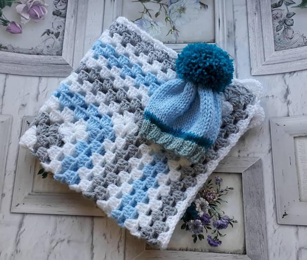 Image of Newborn Baby Boy Crochet Blanket & Knitted Pom Pom Hat, Baby Wear, Photography Prop