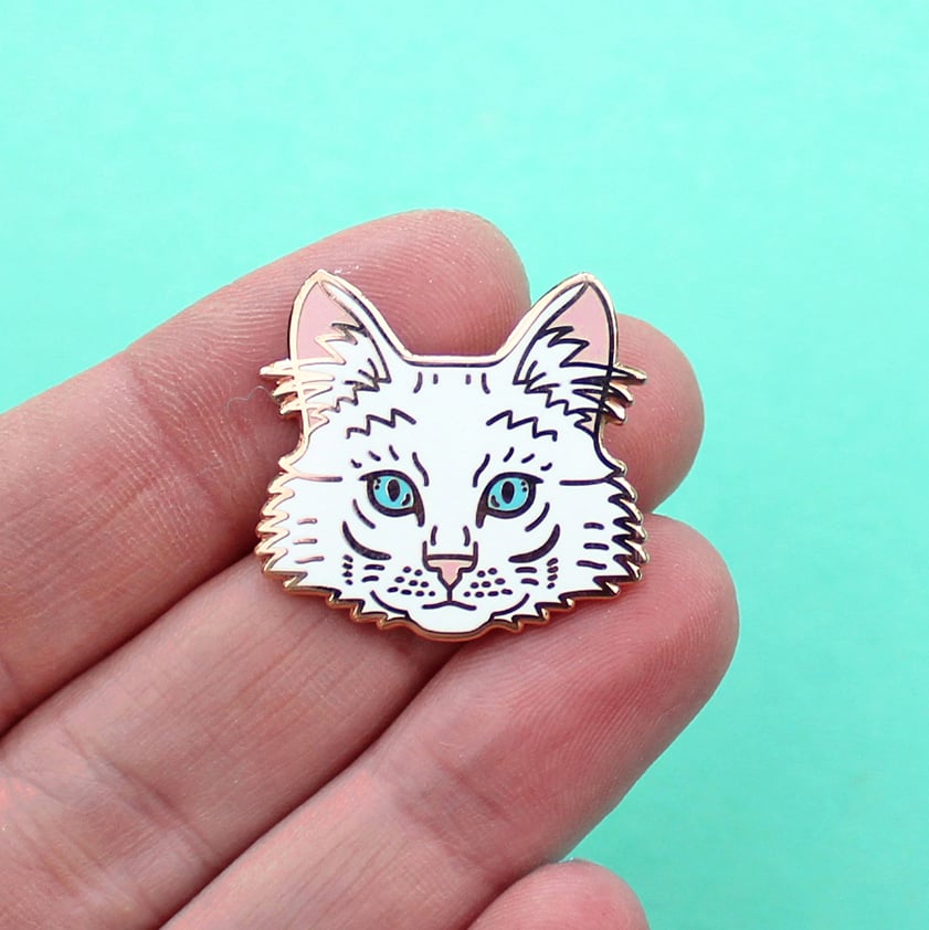 Image of Turkish Angora cat, hard enamel pin - rose gold plating - cat breed - cat pin - lapel pin badge