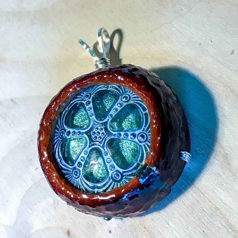 Image of Light Blue Czech Glass Wheel Button & Avocado Stone Pendant