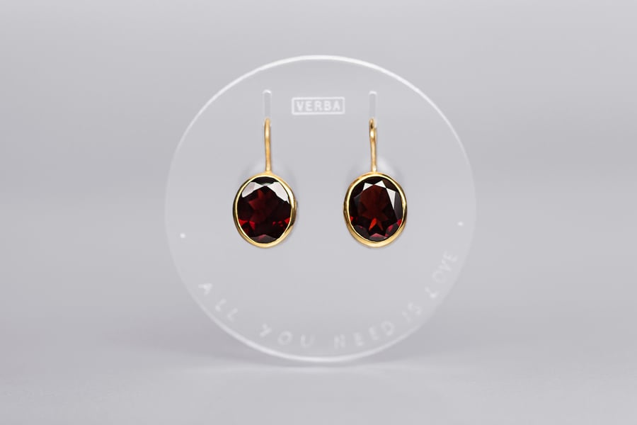 Image of "Love is all you need" gold plated silver earrings with garnets  · AMORE TANTUM OPUS EST ·