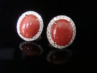 Image 1 of SUPERB STUNNING 18CT NATURAL CORAL AND DIAMOND 1-20CT CLUSTER EARRINGS