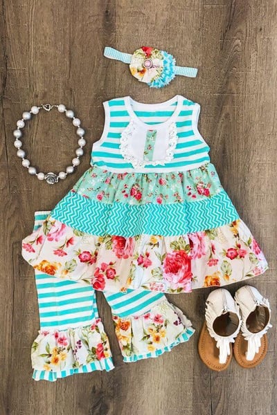 Image of Aqua floral striped ruffle