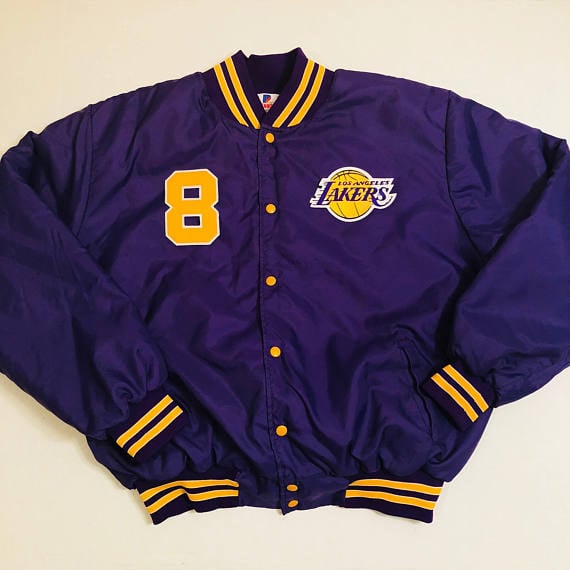 Los Angeles Lakers 8 Retro Yellow And Purple Satin Bomber Varsity Jacket Men S Sizes Small 2xl Joeybraxton