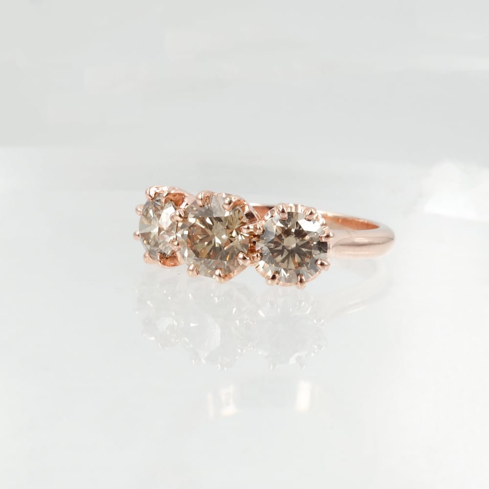 Image of 18ct Rose Gold 3 stone Antique Style Champagne Diamond Engagement Ring