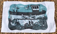 'Fishing boat and gulls' tea towel