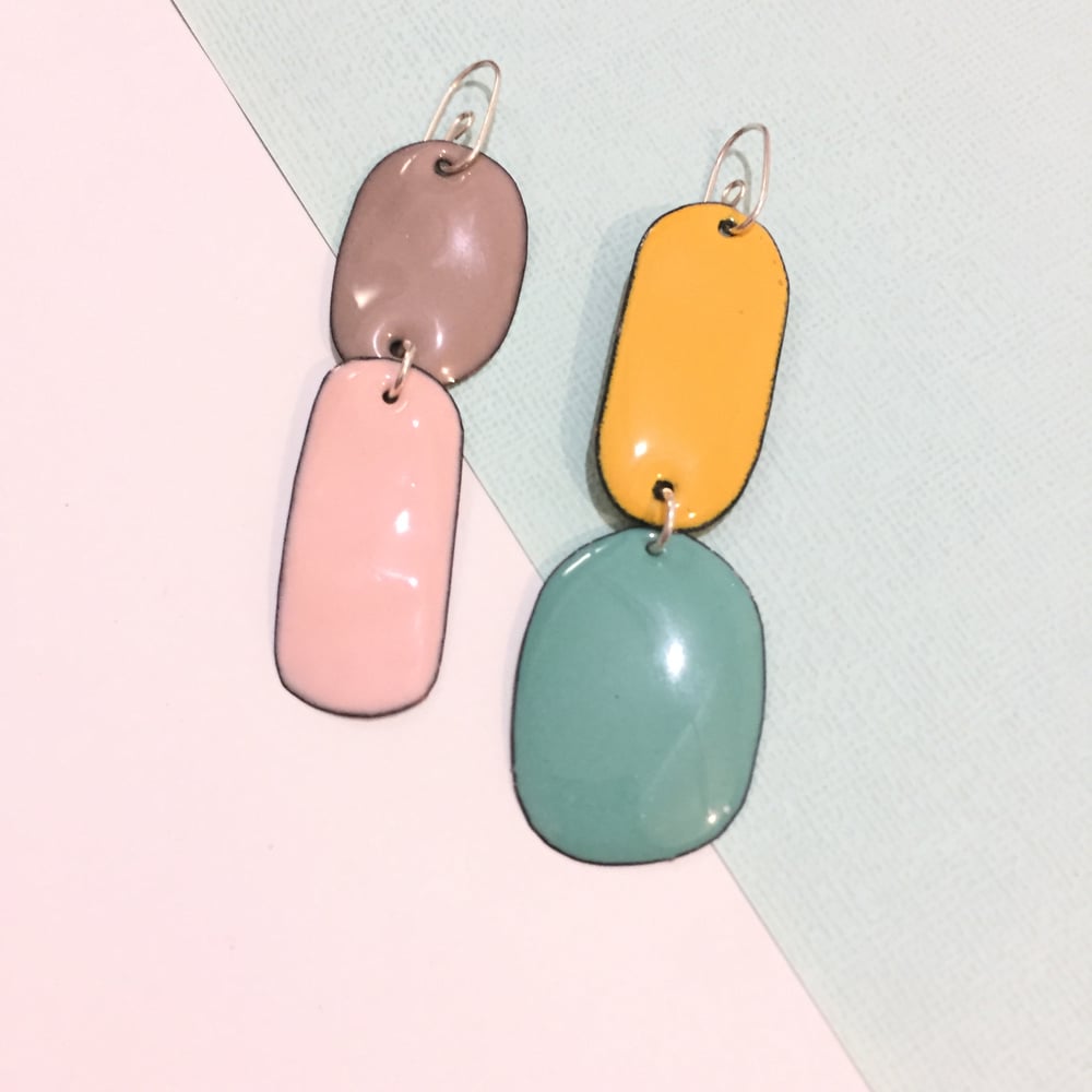 Image of Enamel double drops - mismatched - Taupe, Blush pink, mint and yellow