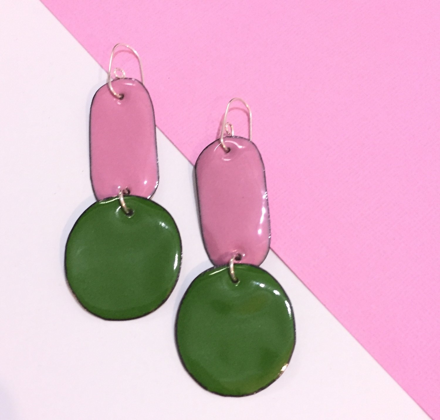 Image of Enamel double drops - cheeky pink & Pine green