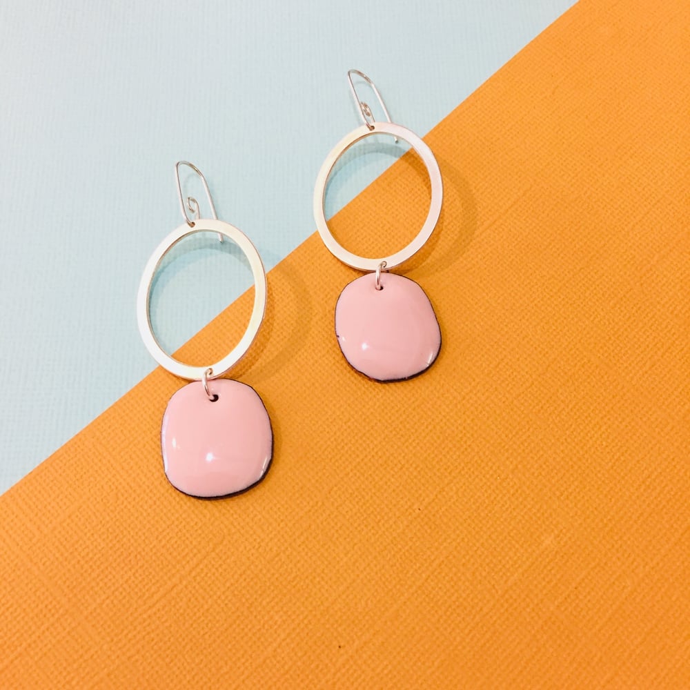 Image of Sterling silver hoops with blush pink enamel drop
