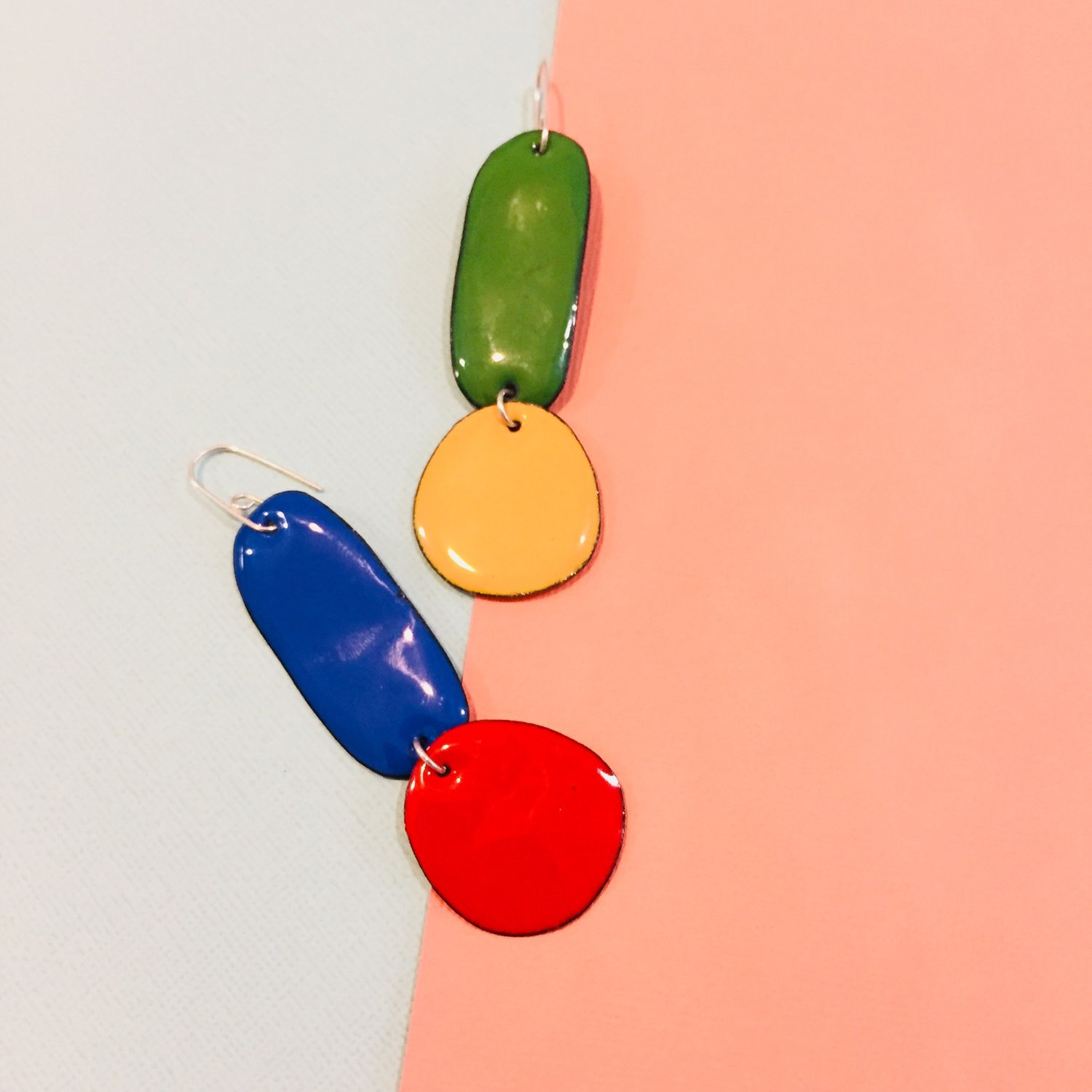 Image of Enamel double drops - mismatched - Blue, Red, Green and Yellow