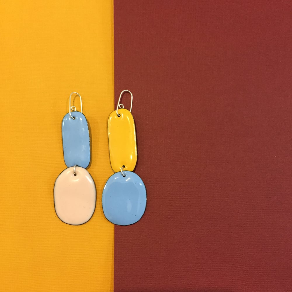 Image of Enamel double drops - mismatched - Blue, Blush pink, Yellow and Sky blue