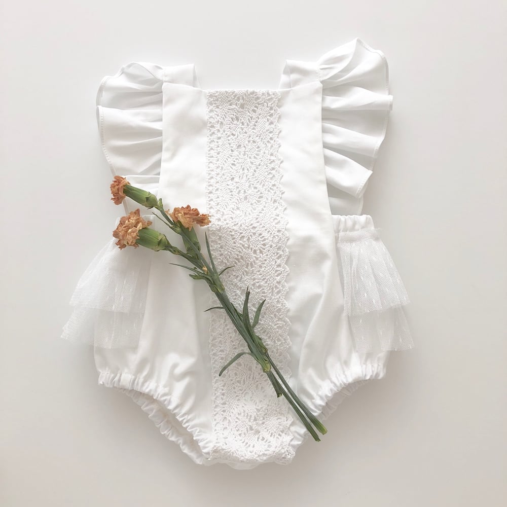 Joy Marie Clothing | Ruffle flutter ivory tulle romper