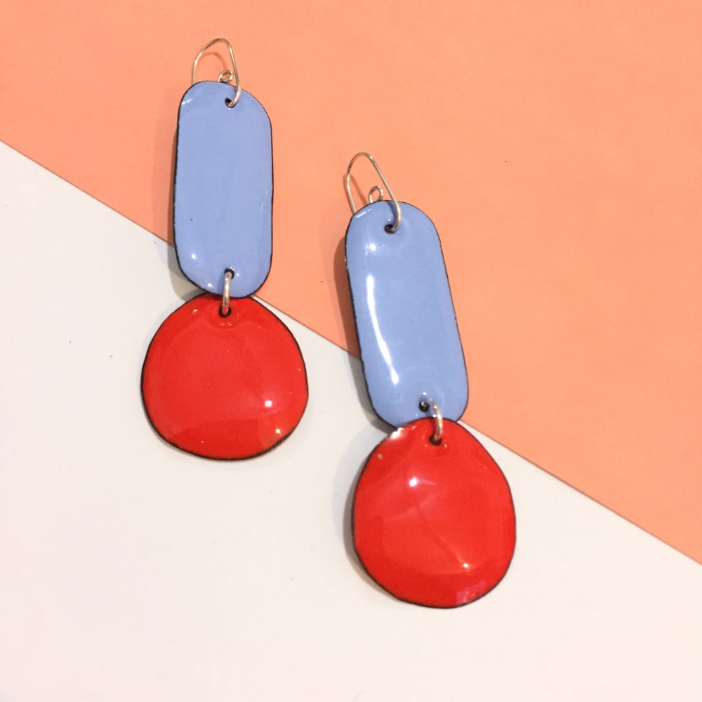 Image of Enamelled double drops - sky blue and cherry red