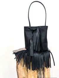 Image 3 of Midnight Black Leather Fringed Skinny Top Handle Mini Bucket