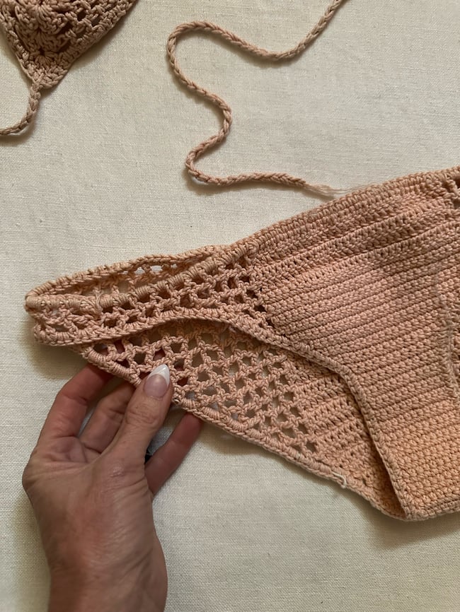late 1960s dusty rose hand crochet bikini bathing suit