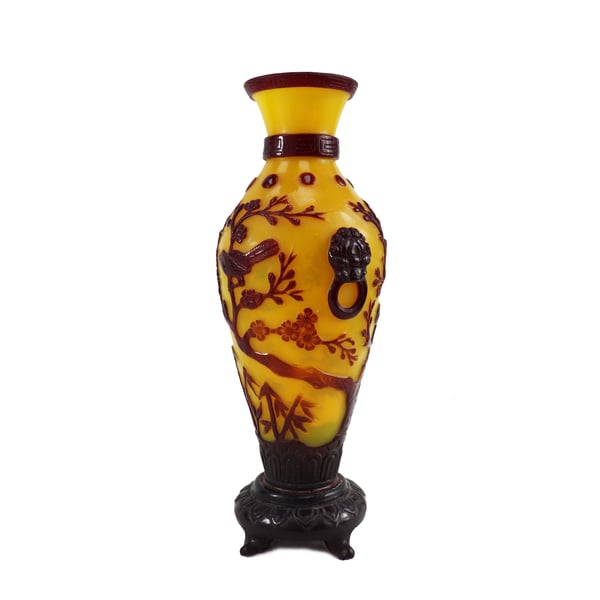 Image of VINTAGE CHINESE YELLOW PEKING VASE WITH BUILT-IN STAND: RED BIRD & TREE OVERLAY