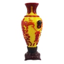 Image of VINTAGE CHINESE YELLOW PEKING VASE WITH BUILT-IN STAND: RED CHINESE DESIGN OVERLAY