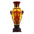 Image of VINTAGE CHINESE YELLOW PEKING VASE WITH BUILT-IN STAND: RED CHINESE DESIGN OVERLAY