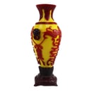 Image of VINTAGE CHINESE YELLOW PEKING VASE WITH BUILT-IN STAND: RED CHINESE DESIGN OVERLAY