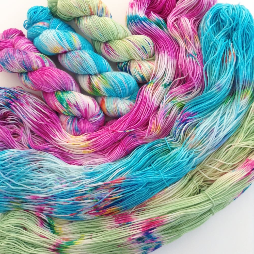 Image of Mandala set of 3 skeins. Hand Dyed Speckled yarn set.Super Soft luxury 100% Extrafine Merino