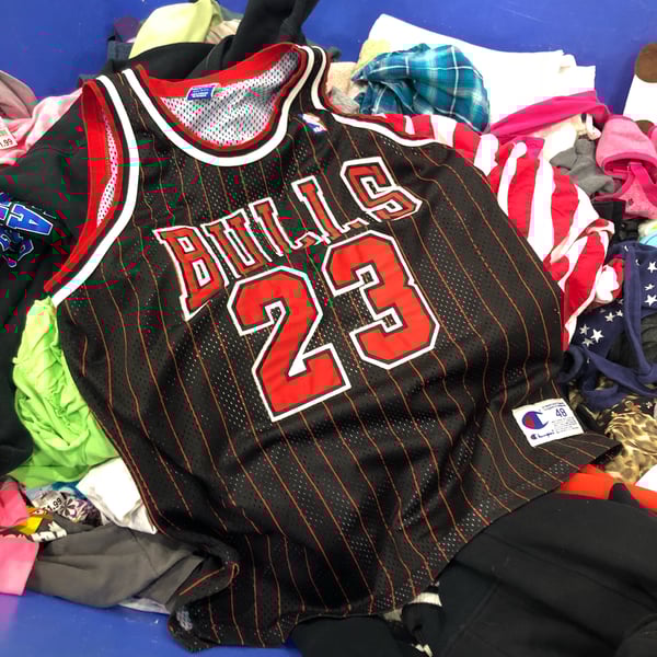 Image of Vintage Jordan Striped Bulls Champion Jersey Size 48