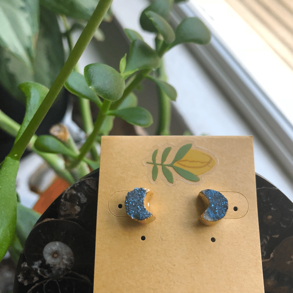Image of Titanium Druzy Moon Crescent 14k Gold-Dipped Stud Earrings