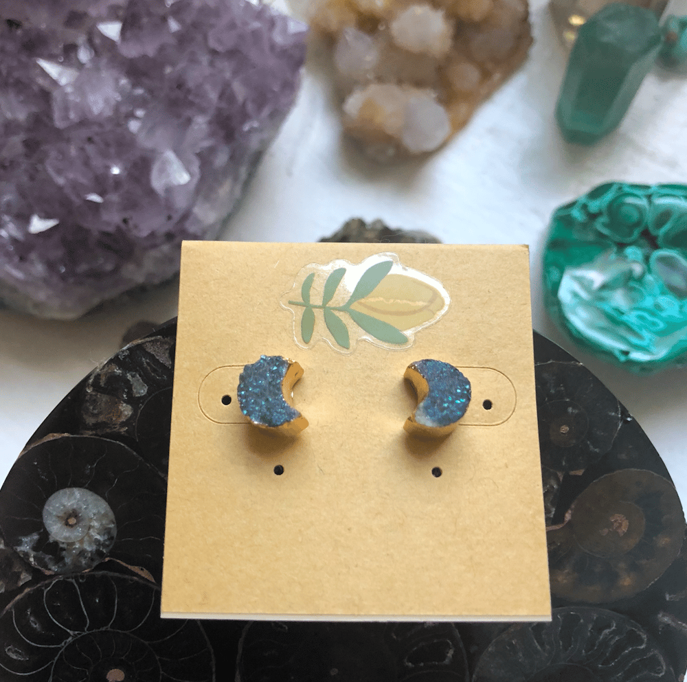 Image of Titanium Druzy Moon Crescent 14k Gold-Dipped Stud Earrings