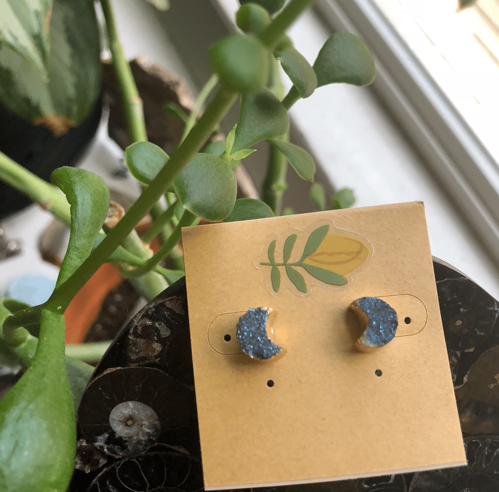 Image of Titanium Druzy Moon Crescent 14k Gold-Dipped Stud Earrings