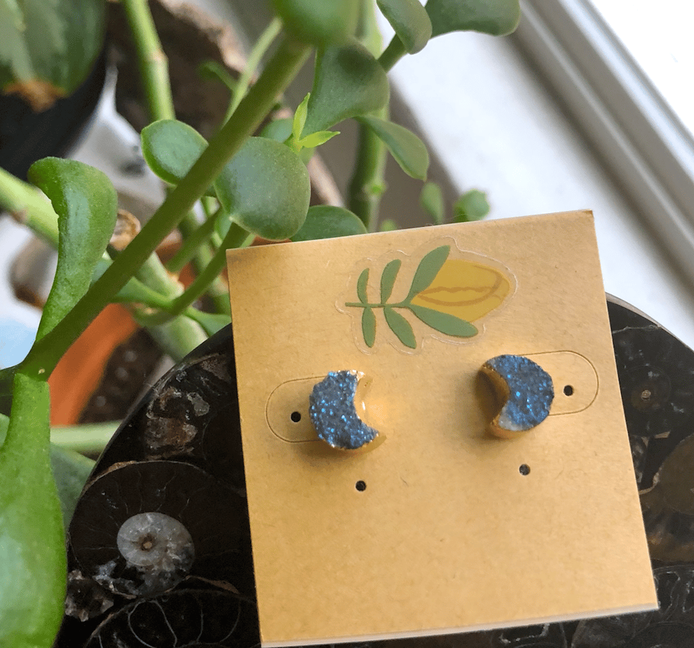 Image of Titanium Druzy Moon Crescent 14k Gold-Dipped Stud Earrings