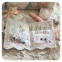 Image 7 of sewing zipper purse and needle book tiny glass bottle of pear shaped pins and French lace