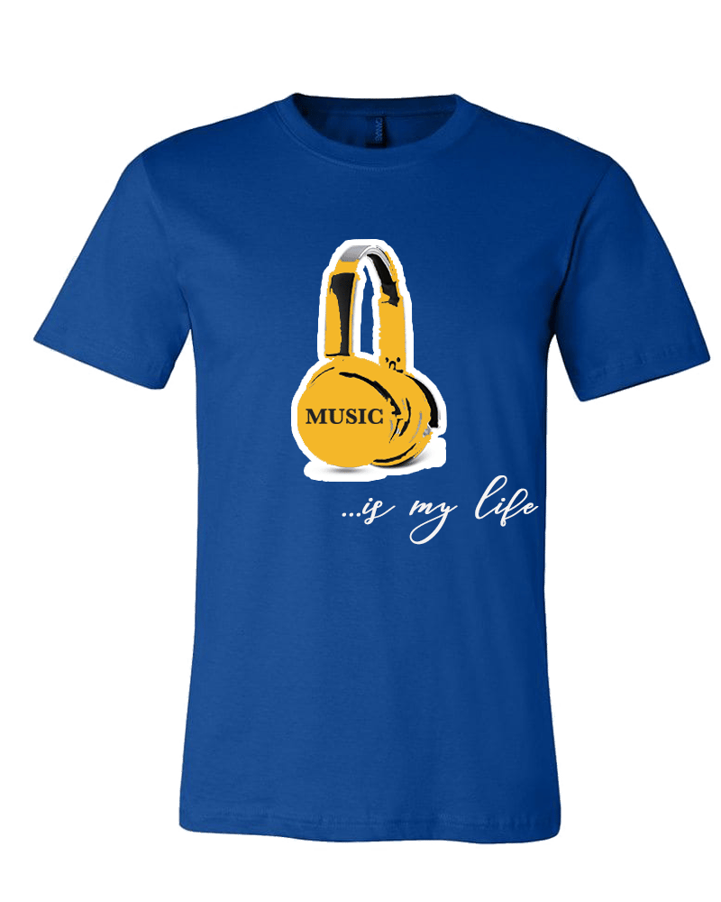Image of Music...is my life Head Phone T-Shirt Royal Blue / Yellow/ White & Black/White