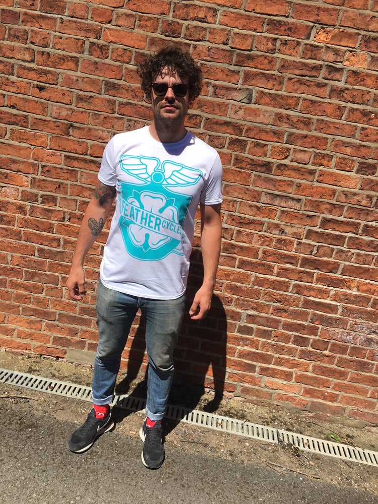 Image of Feather Cycles White and Turquoise T-shirt