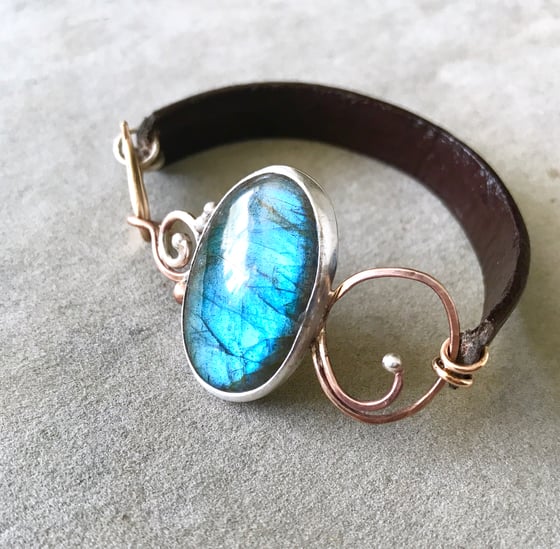 Image of Statement Labradorite silver and bronze leather cuff bracelet