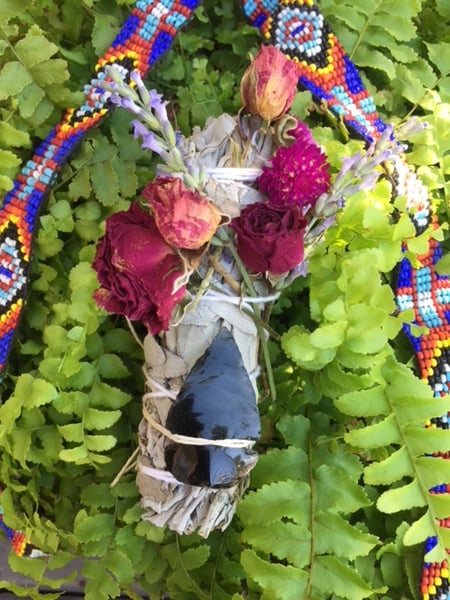 Image of Sage bundle with dried flowers, mixed crystals and rocks  