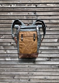 Image 1 of Waxed canvas leather rucksack medium size / Hipster Backpack with roll up top and leather bottom