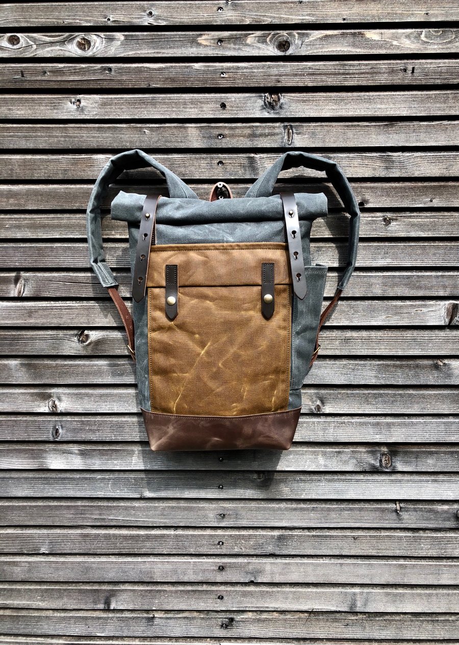 Image of Waxed canvas leather rucksack medium size / Hipster Backpack with roll up top and leather bottom